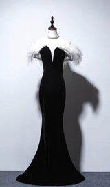 ELEGANT FEATHER OFF SHOULDER FISHTAIL MAXI DRESS IN BLACK styleofcb 
