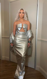 FAUX LEATHER STRAPLESS MAXI DRESS IN SILVER dresses styleofcb 