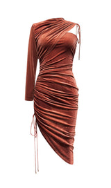 BROWN VELVET DRAWSTRING HIP WRAP MIDI DRESS styleofcb 