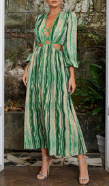 ALLOVER PRINT CUT OUT PUFF SLEEVE DRESS IN EMERALD GEMSTONE DRESS STYLE OF CB 