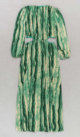ALLOVER PRINT CUT OUT PUFF SLEEVE DRESS IN EMERALD GEMSTONE DRESS STYLE OF CB 