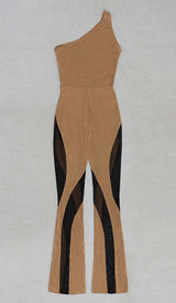 ASYMMETRICAL PATTERN MESH JUMPSUIT IN BROWN DRESS STYLE OF CB 