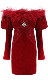 OFF SHOULDER OSTRICH FUR DECORATIVE SLIM-FIT MINI DRESS IN RED styleofcb 