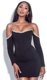 Annika Black Off Shoulder Long Sleeve Corset Dress With Crystal Trim Dresses Oh CiCi 