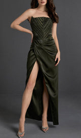STRAPLESS SATIN SPLIT MAXI DRESS Dresses styleofcb 