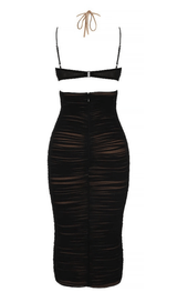 BLACK CUTOUT RUCHED MIDI DRESS