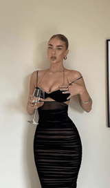 BLACK CUTOUT RUCHED MIDI DRESS