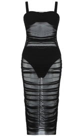 BLACK MESH PERSPECTIVE LOW-CUT DRESS