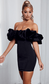 BLACK SATIN RUFFLE STRAPLESS DRESS ohmogo 