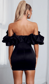BLACK SATIN RUFFLE STRAPLESS DRESS ohmogo 