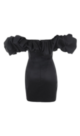 BLACK SATIN RUFFLE STRAPLESS DRESS ohmogo 