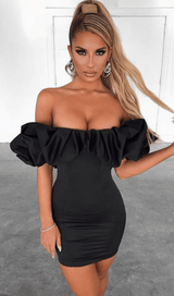 BLACK SATIN RUFFLE STRAPLESS DRESS ohmogo 