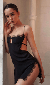 BLACK SLING SHOULDER SLIT DRESS styleofcb 