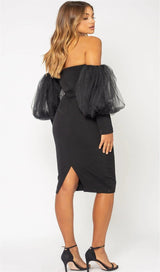 BLACK TUBE TOP PUFF SLEEVES DRESS