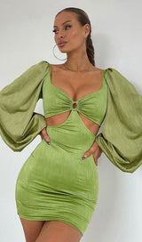 CAGE SLEEVE HOLLOW MINI DRESS IN GREEN styleofcb 