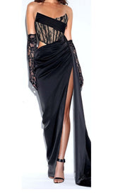 CORSET SATIN PLEATED MAXI DRESS IN BLACK DRESS STYLE OF CB 