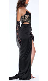 CORSET SATIN PLEATED MAXI DRESS IN BLACK DRESS STYLE OF CB 