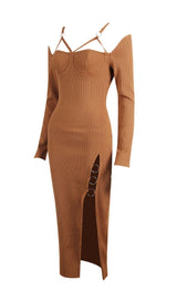 CUT OUT SLIPT MAXI DRESS IN BROWN Dresses styleofcb 