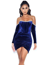 Odette Navy Velvet Off Shoulder Corset Dress With Crystal Trim Dresses Oh CiCi 
