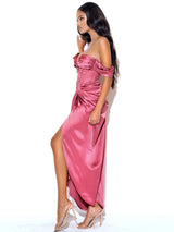 Xophia Mauve Pink Off Shoulder Satin Corset High Slit Dress Dresses Oh CiCi 