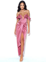 Xophia Mauve Pink Off Shoulder Satin Corset High Slit Dress Dresses Oh CiCi 