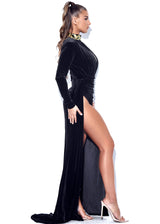 Zenaida Black Cutout High Slit Velvet Gown Dresses Oh CiCi 