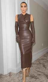 DRAPED LEATHER PU MIDI DRESS IN BROWN Dresses styleofcb 