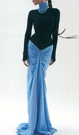 DROPPED WAIST RUCHED MAXI DRESS IN BLUE DRESS styleofcb 
