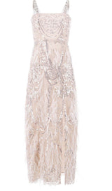 EMBROIDERED FEATHER CRYSTAL MIDI DRESS IN WHITE DRESS STYLE OF CB 