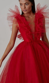 FEATHER V-NECK NET MIDI DRESS IN MAHOGANY DRESS styleofcb 