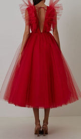 FEATHER V-NECK NET MIDI DRESS IN MAHOGANY DRESS styleofcb 