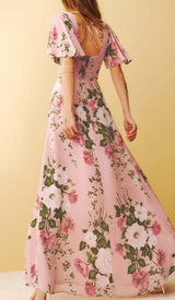 FLORAL-PRINT V NECK MAXI DRESS IN PINK DRESS STYLE OF CB 