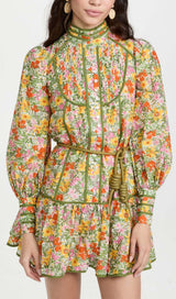 FLORAL PRINT LACE-UP MIDI DRESS IN AUTUMN LEAVES DRESS STYLE OF CB 