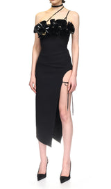 FLOWER SLEEVELESS WOOL CREP MIDI DRESS IN BLACK DRESS STYLE OF CB 