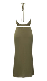 HALTER SATIN MIDI DRESS IN DARK FOREST DRESS STYLE OF CB 