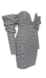 Houndstooth word shoulder wrap dress.
