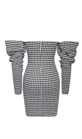 Houndstooth word shoulder wrap dress.