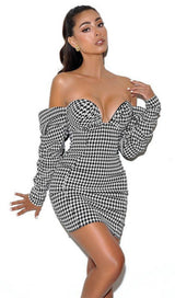 Houndstooth word shoulder wrap dress.