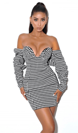 Houndstooth word shoulder wrap dress.