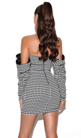 Houndstooth word shoulder wrap dress.