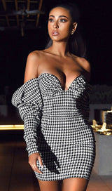 Houndstooth word shoulder wrap dress.