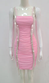 FRINGED MESH SKINNY MINI DRESS IN PINK styleofcb 