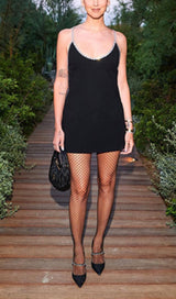 DIAMOND-TRIMMED SUSPENDER MINI DRESS IN BLACK styleofcb 