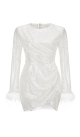 SEQUINED FEATHER MINI DRESS IN WHITE styleofcb 