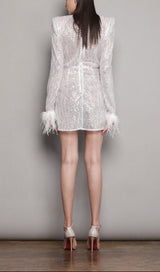 SEQUINED FEATHER MINI DRESS IN WHITE styleofcb 