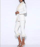 CREAM WHITE BLAZER SUIT WITH FEATHER TRIM Bottoms styleofcb 