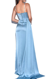 Elayna Pale Blue Strappy Satin Corset High Slit Gown Dresses Oh CiCi 
