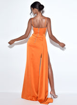 Elayna Orange Strappy Satin Corset High Slit Gown Dresses Oh CiCi 