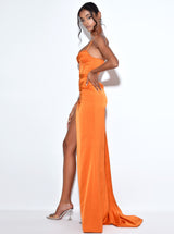 Elayna Orange Strappy Satin Corset High Slit Gown Dresses Oh CiCi 