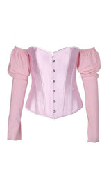 LACE-UP LONG PUFF SLEEVE CROSET TOP styleofcb S BABY PINK 